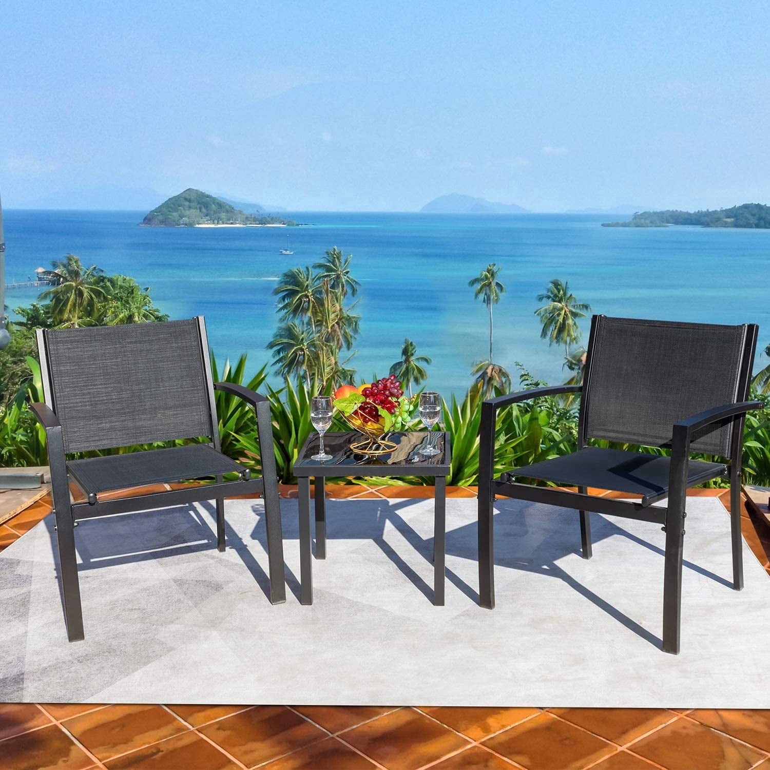 Devoko 3 Pieces Patio Furniture Set Textilene Bistro Set Outdoor Conversation Set Modern Porch Furniture Lawn Chairs with Coffee Table, Black