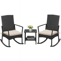 Devoko 3 Pieces Patio Rattan Rocking Chair Set with Cushion and Table, Outdoor Porch and Garden Furniture Set, Beige