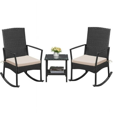 Devoko 3 Pieces Patio Rattan Rocking Chair Set with Cushion and Table, Outdoor Porch and Garden Furniture Set, Beige