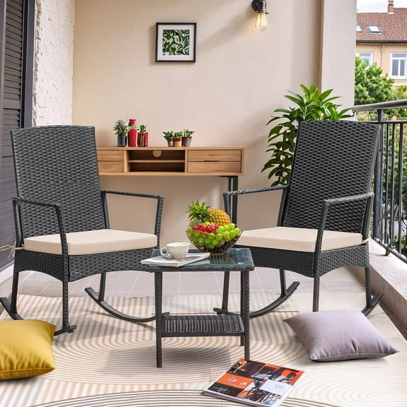 Devoko 3 Pieces Patio Rattan Rocking Chair Set with Cushion and Table, Outdoor Porch and Garden Furniture Set, Beige