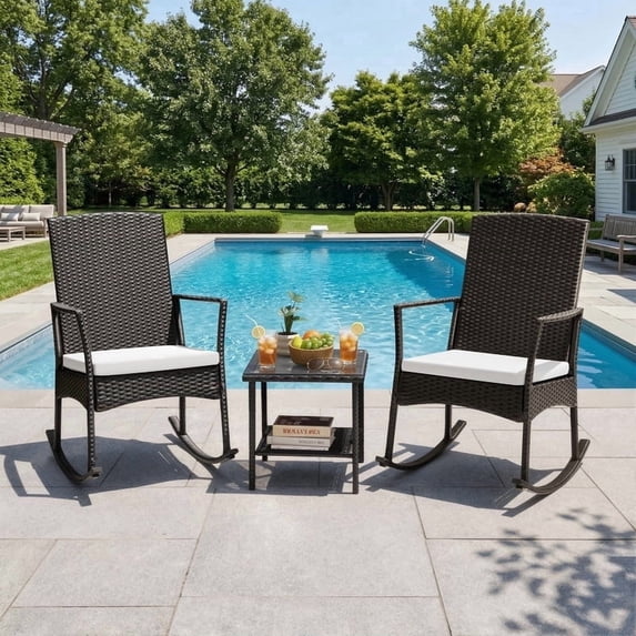 Devoko 3 Pieces Patio Rattan Rocking Chair Set with Cushion and Table Outdoor Porch and Garden Furniture, Beige