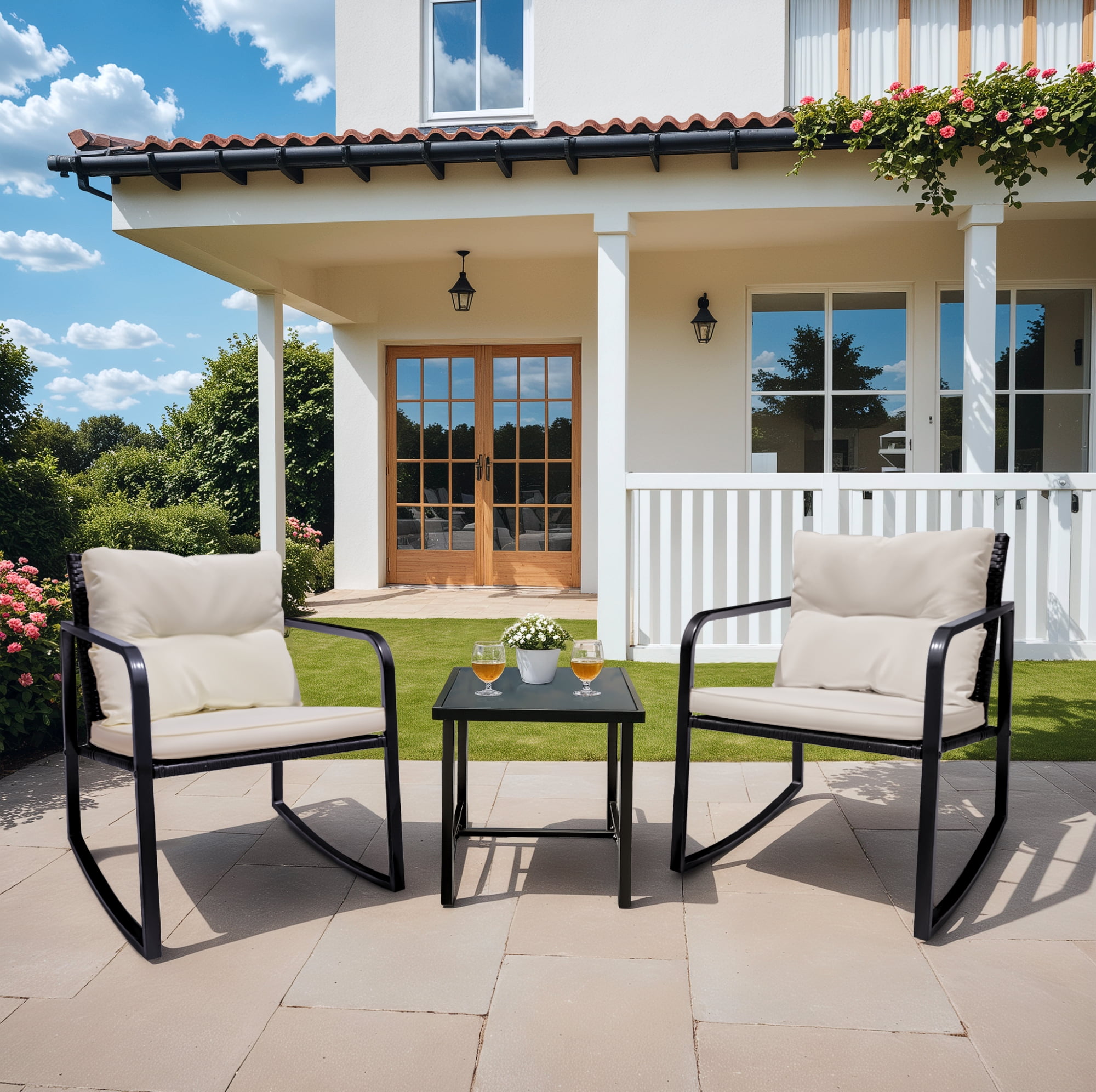 Walmart discount codes: Devoko 3-Piece Outdoor Rocking Porch Chair Set with PE Rattan & Glass Coffee Table, Beige