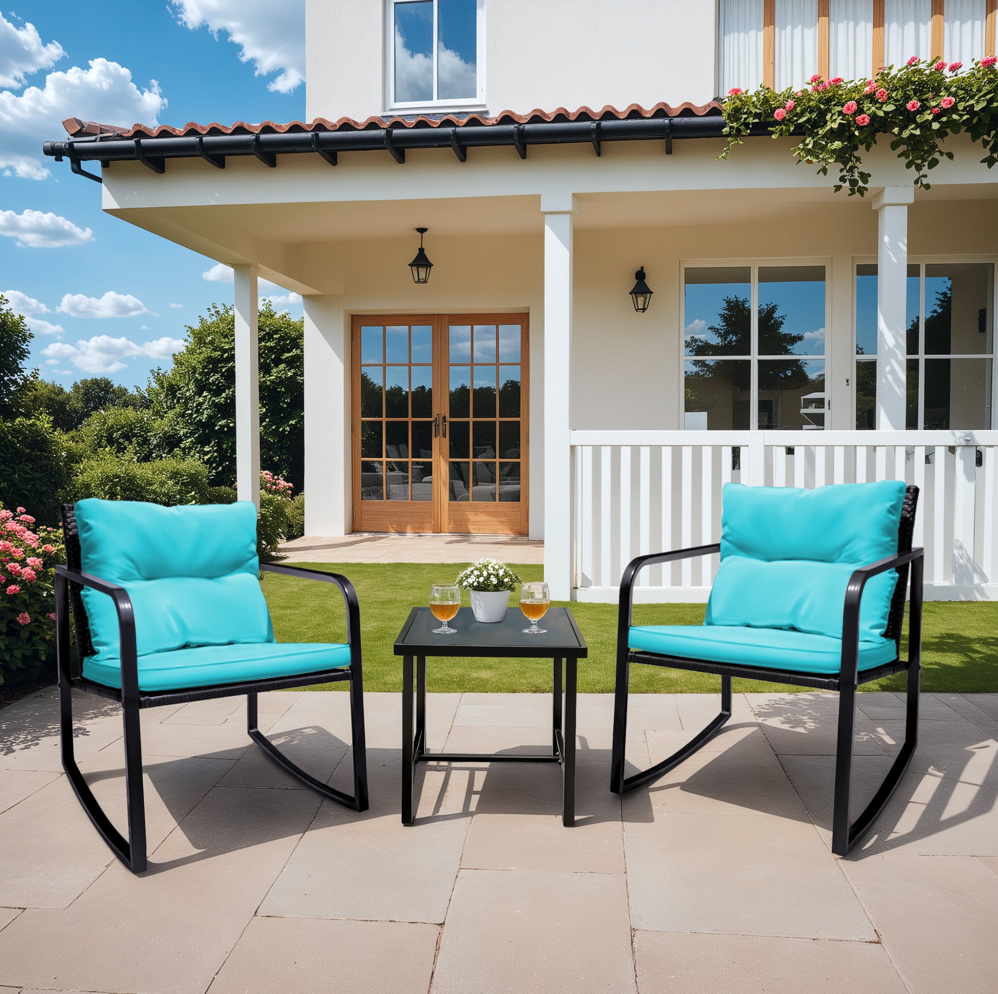Devoko 3 Pieces Rocking Patio Furniture Sets Outdoor Rocking Chair PE Rattan Bistro Rocker Conversation Sets with Coffee Table for Garden,Blue