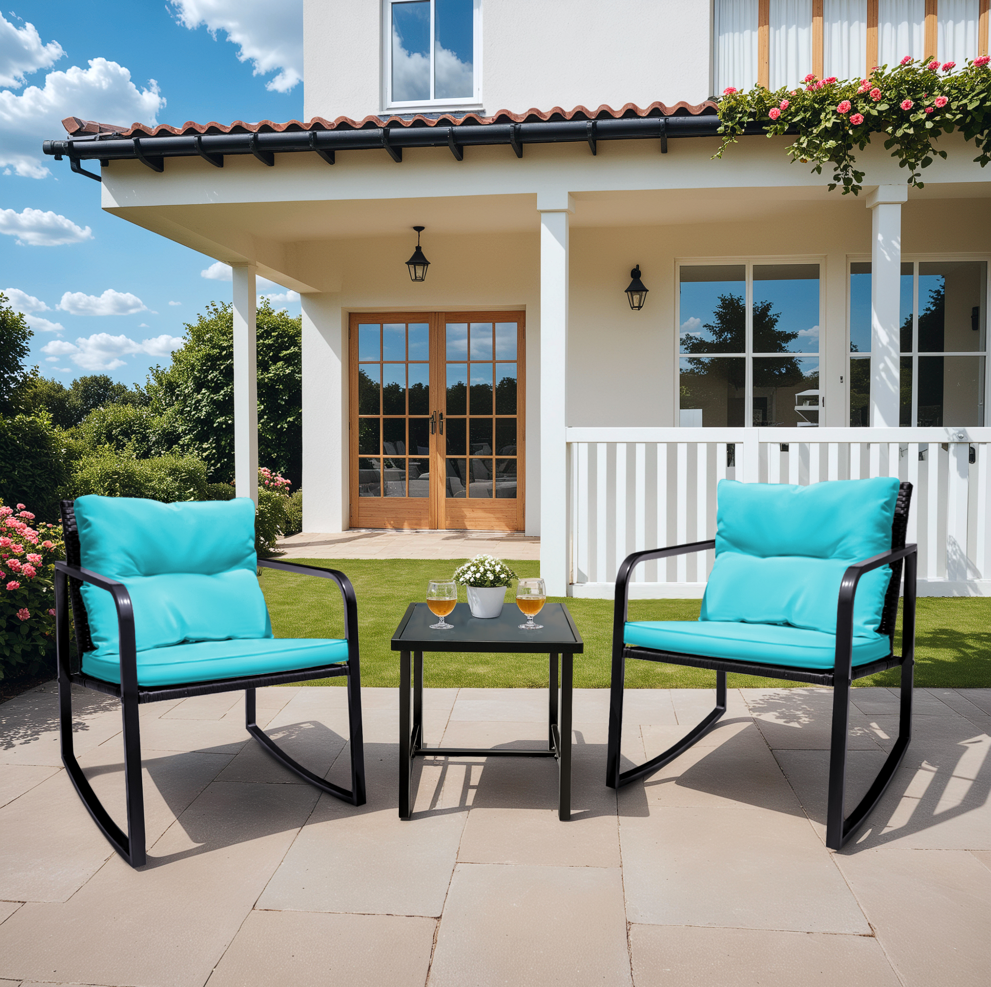 Devoko 3 Pieces Rocking Patio Furniture Sets Outdoor Rocking Chair PE Rattan Bistro Rocker Conversation Sets with Coffee Table for Garden,Blue