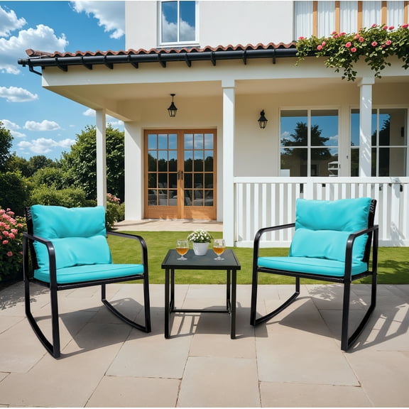 Devoko 3 Pieces Rocking Patio Furniture Sets Outdoor Rocking Chair PE Rattan Bistro Rocker Conversation Sets with Coffee Table for Garden,Blue