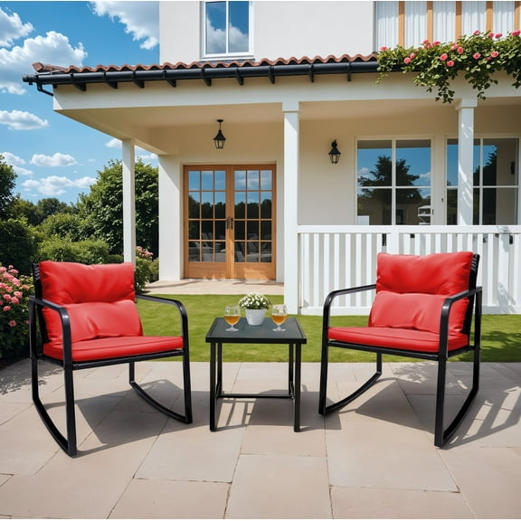 Devoko 3 Pieces Rocking Patio Furniture Sets Outdoor Rocking Chair PE Rattan Bistro Rocker Conversation Sets with Coffee Table for Garden, Red