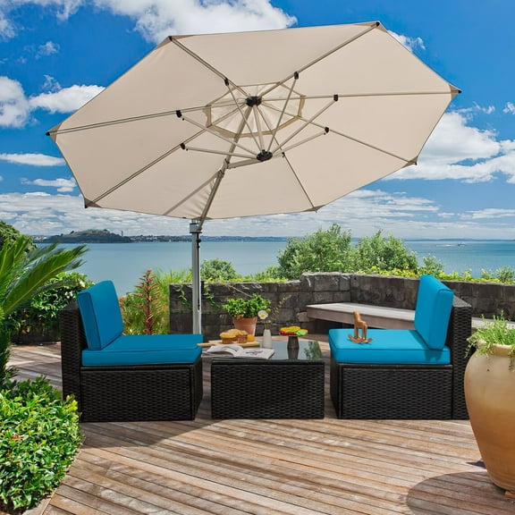 Devoko 3 Pieces Small Patio Conversation Polyester Outdoor Bistro Set with Steel Frame All Weather Cushions,Blue