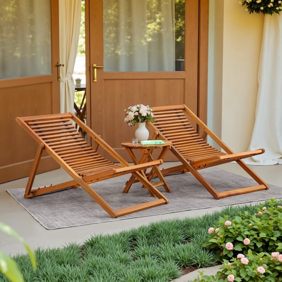 Devoko 3 Pieces Wood Patio Bistro Set Chaise Lounge , Outdoor Folding Acacia Furniture Set