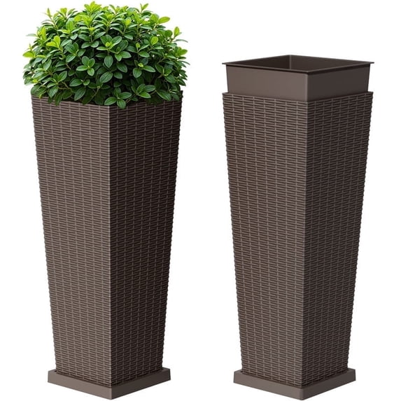 Vineego 32" Tall Planters for Outdoor Plants Set of 2, Woven-Textured Outdoor Plant Pots with Trays for Patio, Front Porch