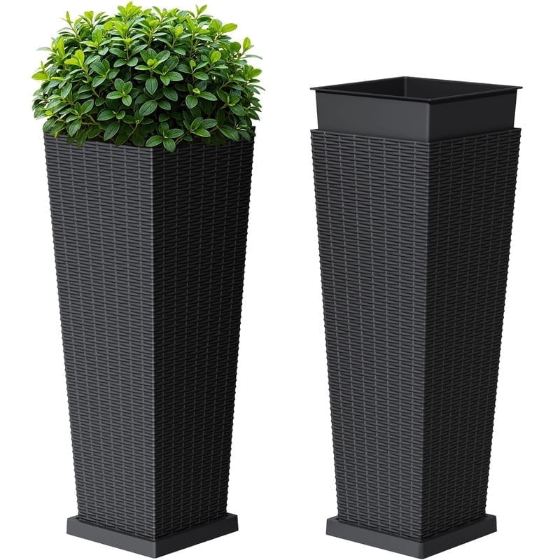 Devoko 32" Tall Planters for Outdoor Plants Set of 2, Woven-Textured Outdoor Plant Pots with Trays for Patio, Front Porch