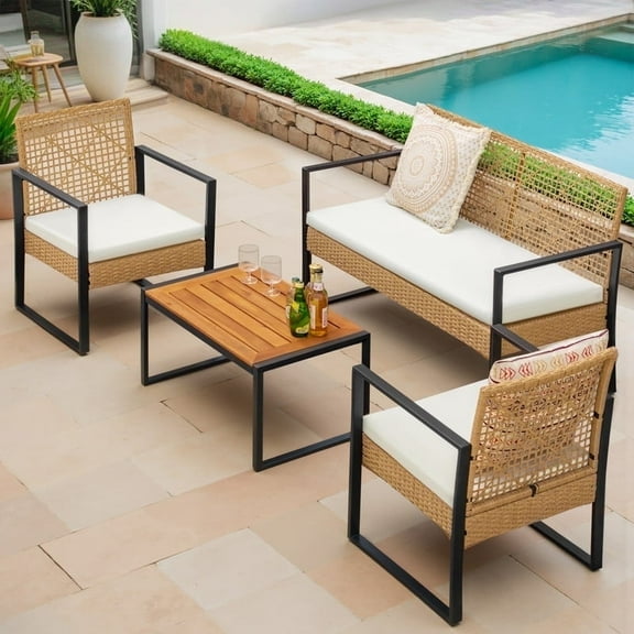 Devoko 4-Piece Outdoor Conversation Set, PE Rattan Wicker Furniture Set with Acacia Wood Table for Garden, Balcony & Poolside