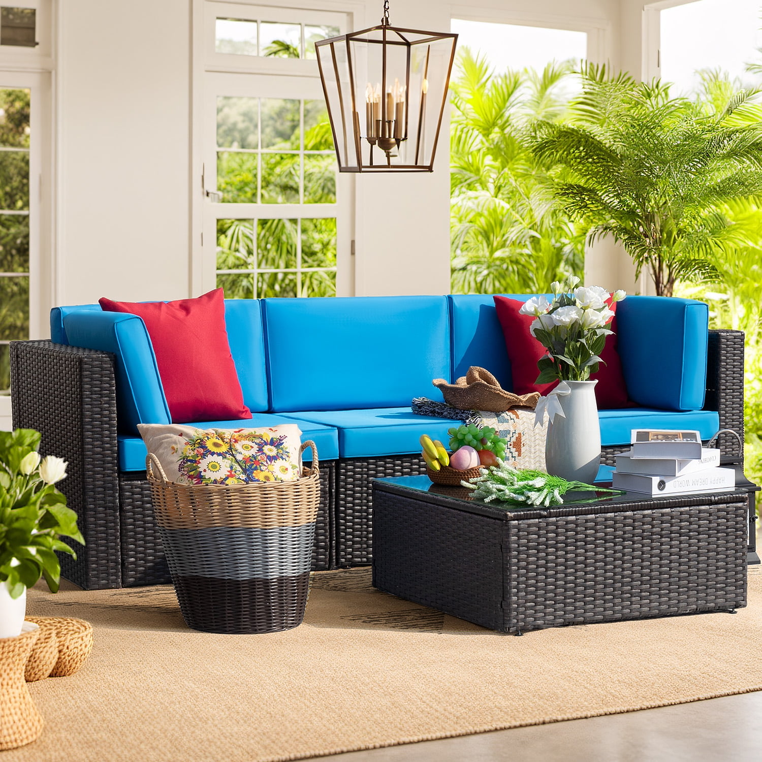 Devoko 4 Piece Outdoor Sectional Sofa PE Wicker Rattan Sectional Sofa with Cushions and Glass