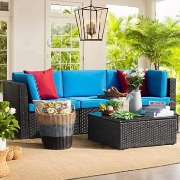 Devoko 4 Piece Outdoor Sectional Sofa PE Wicker Rattan Sectional Sofa with Cushions and Glass Table,Blue Cushions