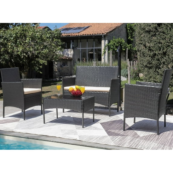 Devoko 4 Pieces Outdoor Patio Conversation Set PE Rattan Wicker Furniture Set, Black/Beige