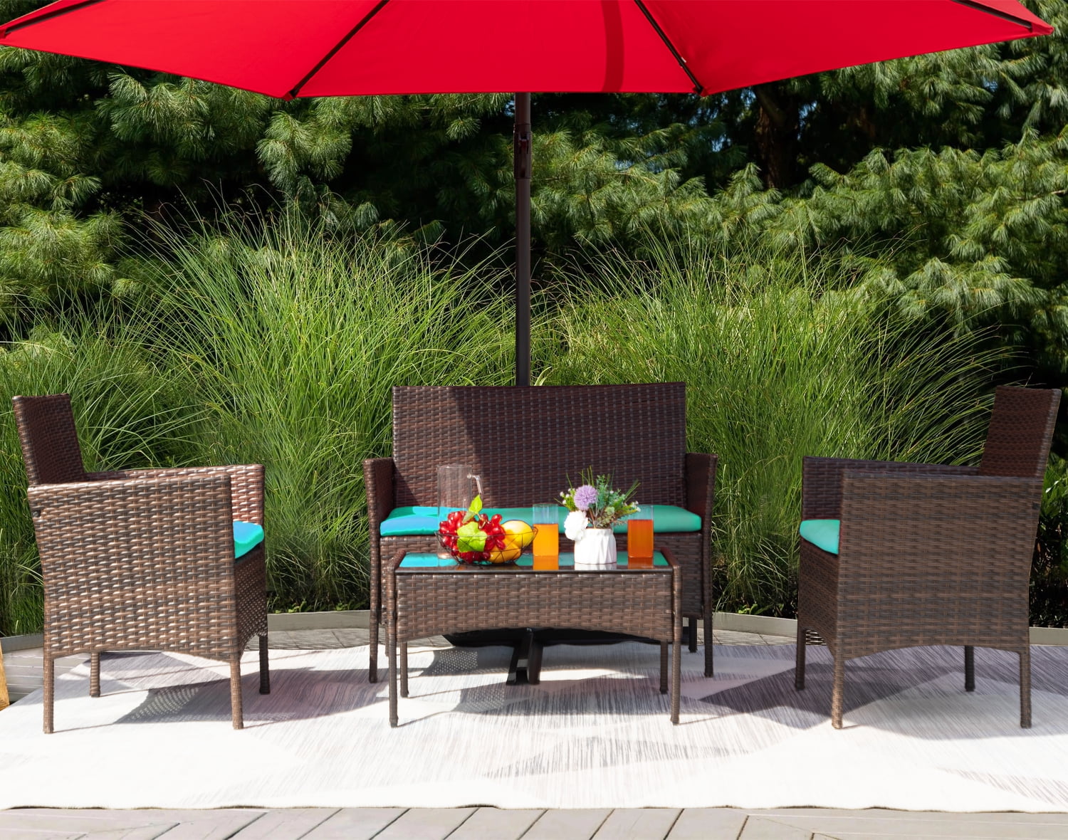 Devoko 4 Pieces Outdoor Patio Conversation Set PE Rattan Wicker Furniture Set, Brown/Blue