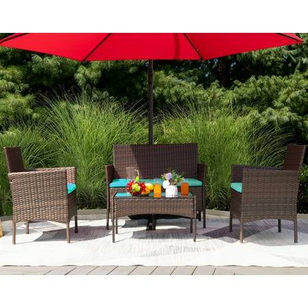 Devoko 4 Pieces Outdoor Patio Conversation Set PE Rattan Wicker Furniture Set, Brown/Blue