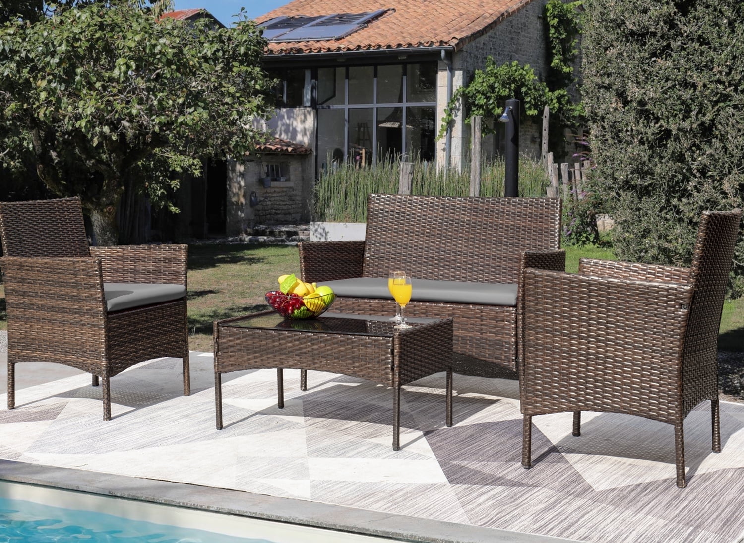Devoko 4 Pieces Outdoor Patio Conversation Set PE Rattan Wicker Furniture Set, Brown/Gray