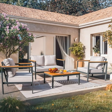 Devoko 4 Pieces Patio Conversation Set Outdoor Metal Frame Table and Thick Cushion, Gray