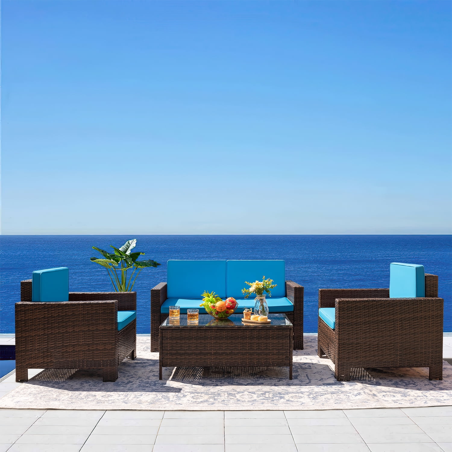 Devoko 4 Pieces Patio Conversation Set PE Rattan Wicker , Blue