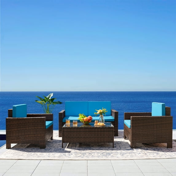 Devoko 4 Pieces Patio Conversation Set PE Rattan Wicker , Blue