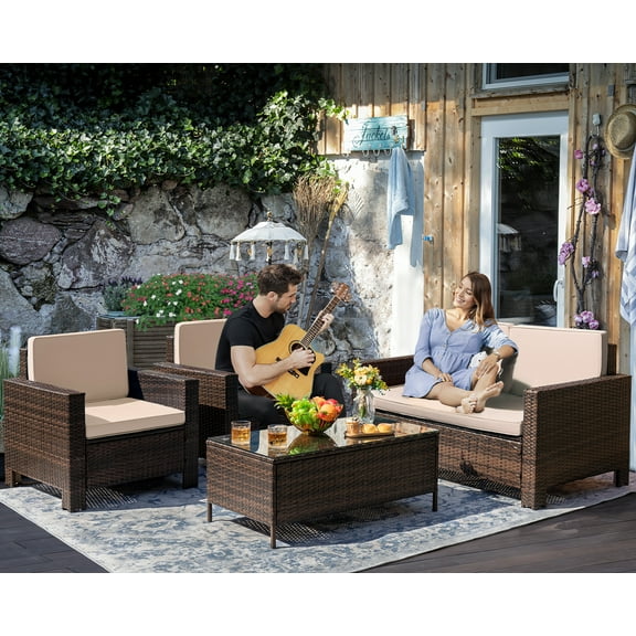 Devoko 4 Pieces Patio Conversation Set PE Rattan Wicker Furniture Sofa Set Furniture Set, Beige