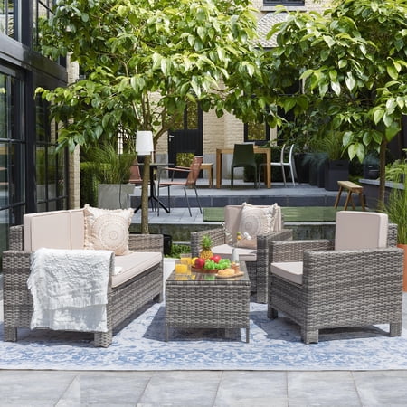 Devoko 4 Pieces Patio Conversation Set PE Rattan Wicker Furniture Sofa Set Outdoor Indoor Furniture Set, Gray