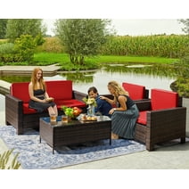 Devoko 4 Pieces Patio Conversation Set PE Rattan Wicker Furniture Sofa Set Outdoor Indoor Furniture Set, Red