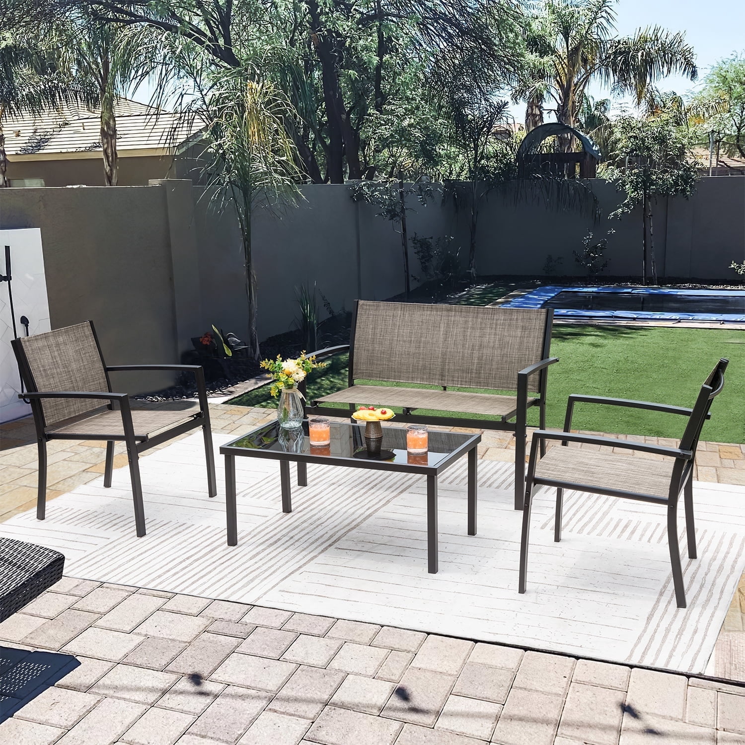 Vineego 4 Pieces Patio Furniture Outdoor furniture Outdoor Patio Furniture Set Textilene Bistro Set Modern Conversation Set Black Bistro Set with Loveseat Tea Table, Brown