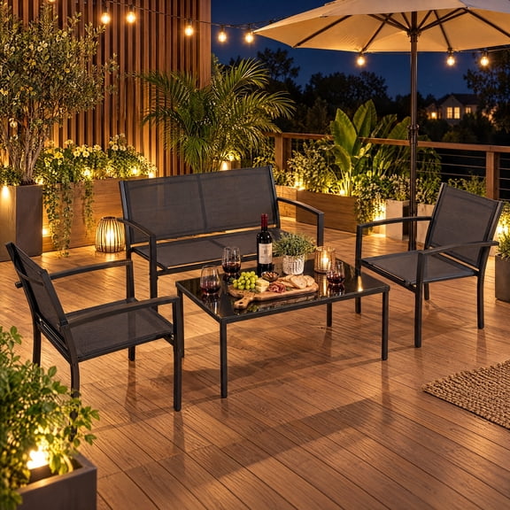 Vineego 4 Pieces Patio Furniture Outdoor furniture Outdoor Patio Furniture Set Textilene Bistro Set Modern Conversation Set Black Bistro Set with Loveseat Tea Table, Black