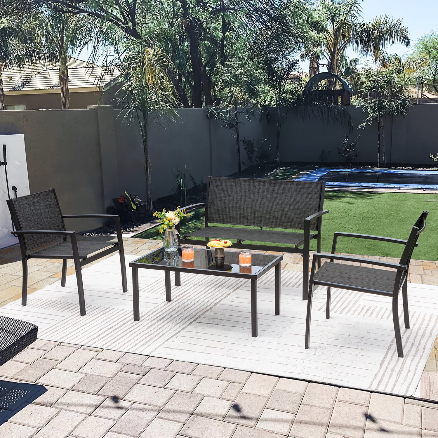Walmart Deals of Devoko 4 Piece Modern Black Patio Furniture Set with Loveseat & Tea Table, Perfect for Balcony, Porch & Outside