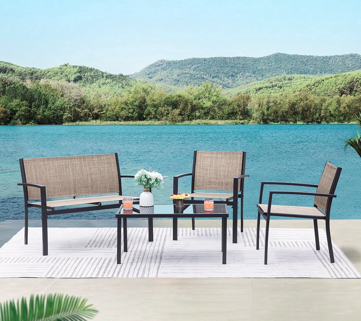 Vineego 4 Pieces Patio Furniture Outdoor furniture Outdoor Patio Furniture Set Textilene Bistro Set Modern Conversation Set Black Bistro Set with Loveseat Tea Table, Beige