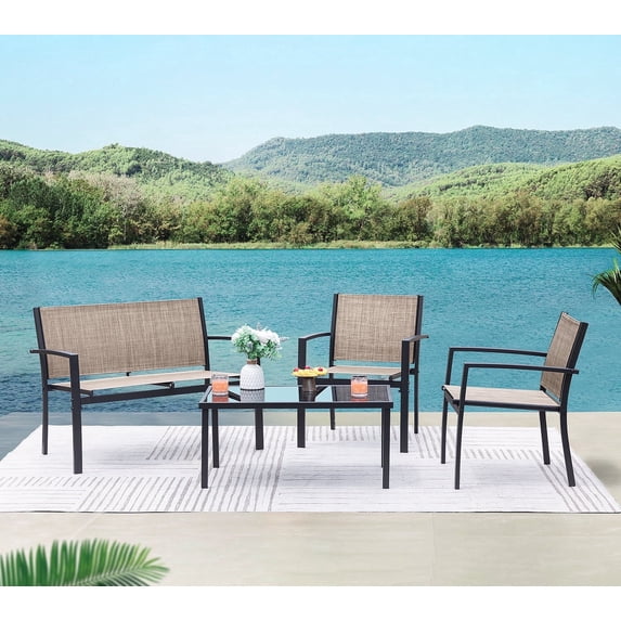 Vineego 4 Pieces Patio Furniture Outdoor furniture Outdoor Patio Furniture Set Textilene Bistro Set Modern Conversation Set Black Bistro Set with Loveseat Tea Table, Beige