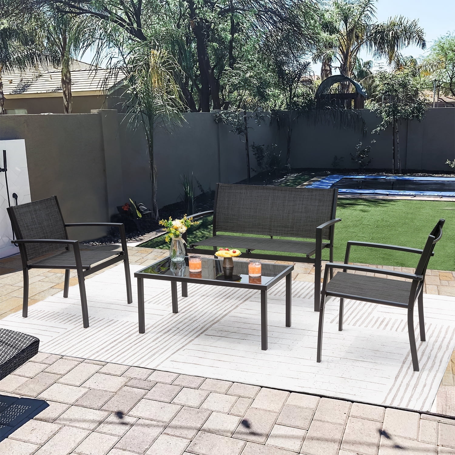 Vineego 4 Pieces Patio Furniture Outdoor furniture Outdoor Patio Furniture Set Textilene Bistro Set Modern Conversation Set Black Bistro Set with Loveseat Tea Table, Black