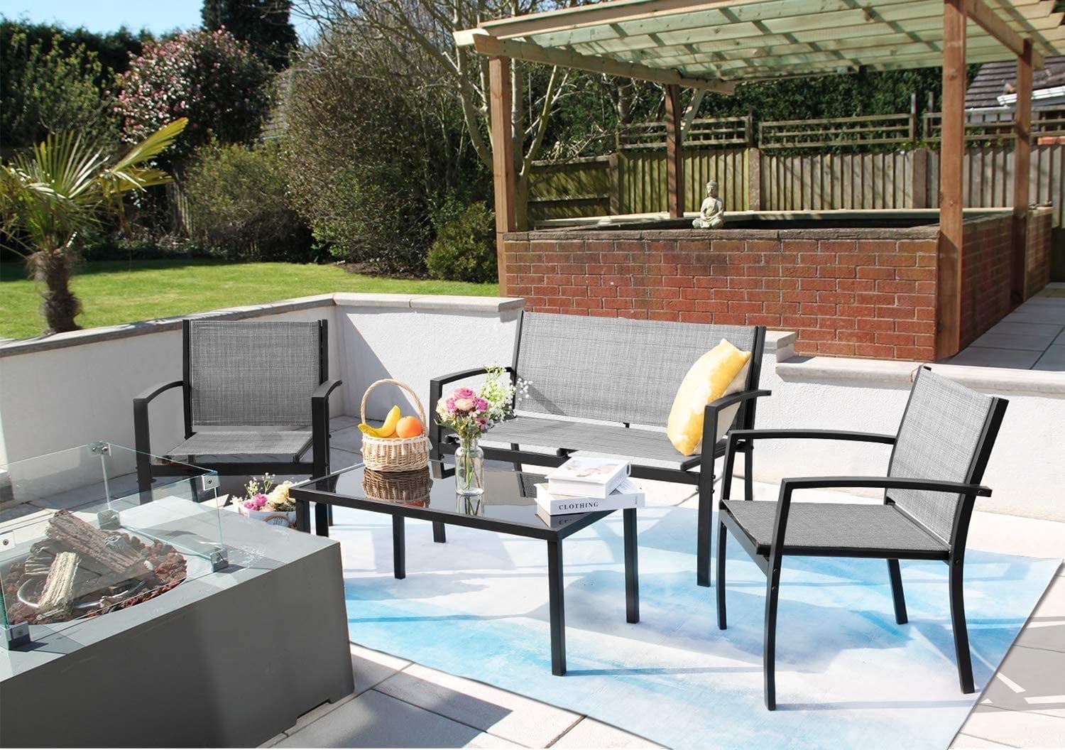 Devoko 4 Pieces Patio Furniture Outdoor furniture Outdoor Patio Furniture Set Textilene Bistro Set Modern Conversation Set Black Bistro Set with Loveseat Tea Table, Grey