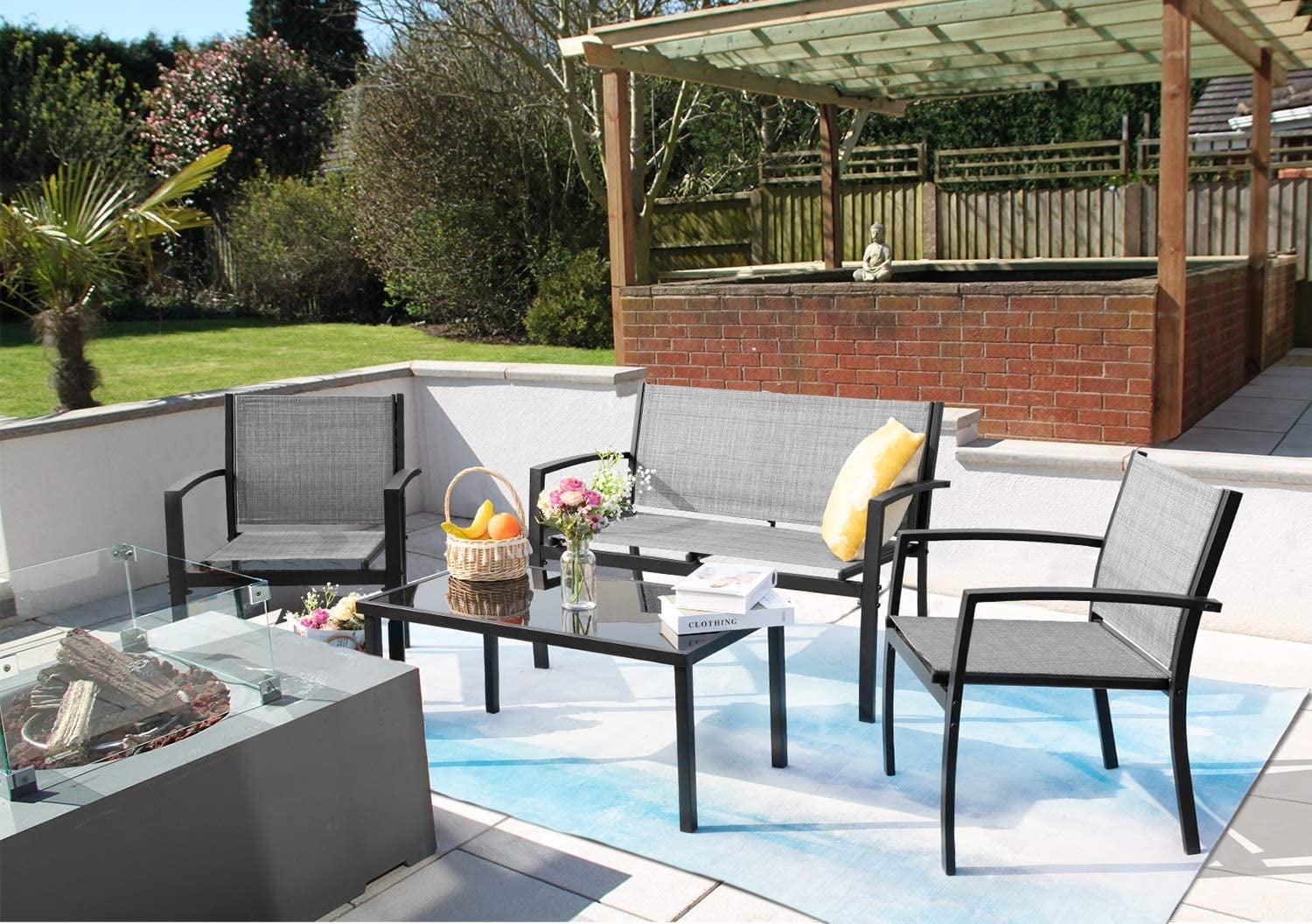 Devoko 4 Pieces Patio Furniture Outdoor furniture Outdoor Patio Furniture Set Textilene Bistro Set Modern Conversation Set Black Bistro Set with Loveseat Tea Table, Grey