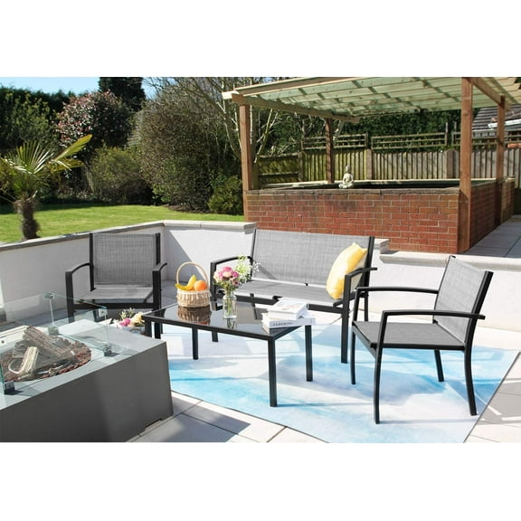 Devoko 4 Pieces Patio Furniture Outdoor furniture Outdoor Patio Furniture Set Textilene Bistro Set Modern Conversation Set Black Bistro Set with Loveseat Tea Table, Grey