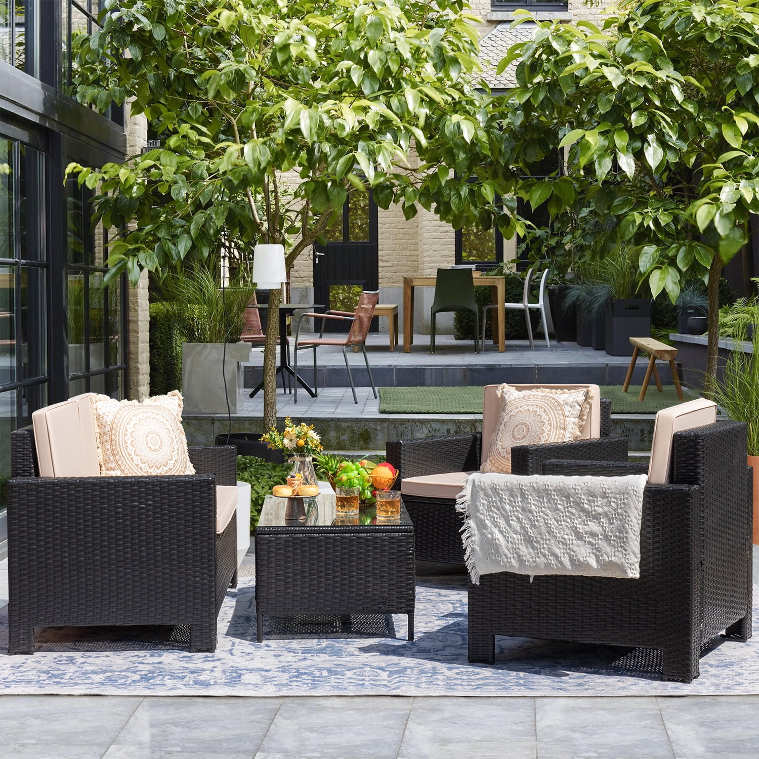 Devoko 4 Pieces Patio Set PE Rattan Wicker Furniture Sofa Set Outdoor Indoor Furniture Set, Black