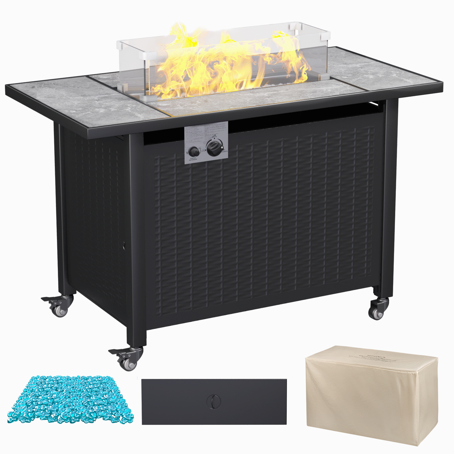 thumbnail image 1 of Devoko 43" Outdoor Propane Fire Pit Table 50,000 BTU Ceramic tile Table with Extra Small Plate and Wheels, 1 of 8