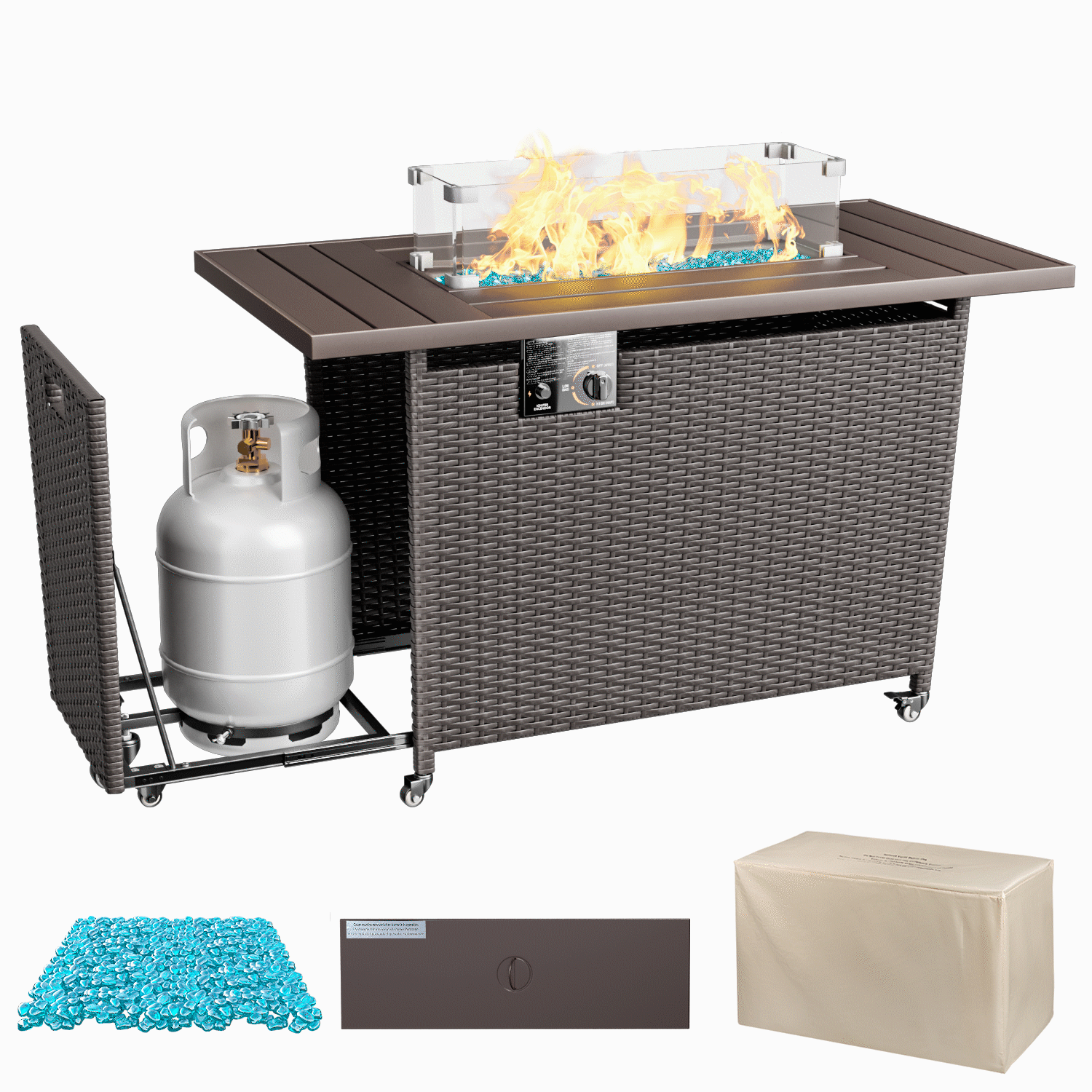 Devoko 43 inch 50,000 BTU Outdoor PE Wicker Propane Fire Pit Table with Slide-out Tank Holder and Wheels, Glass Wind Guard, Iron Desktop, Brown