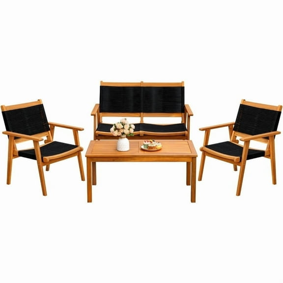 Devoko Outdoor Patio Conversation Sets, 4PCS Hand-Woven Rope Acacia Wood  Furniture Sets for Balcony, Backyard, Garden, Poolside, Black