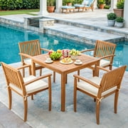 Devoko 5 PCS Acacia Wood Patio Furniture Set Square table and Chairs with Cushions for 4 People,Burlywood