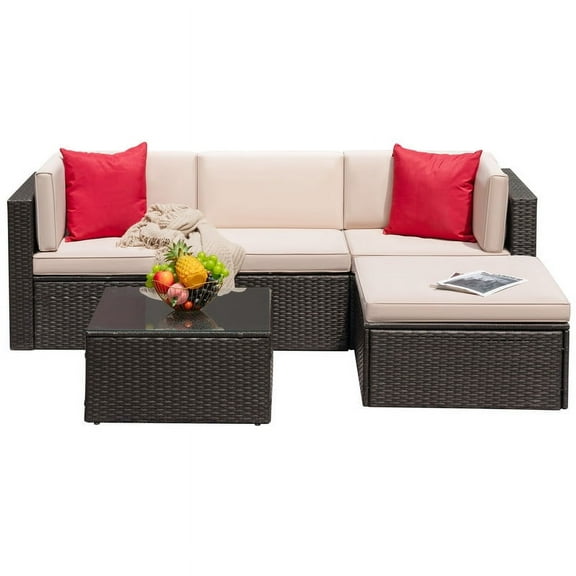 Devoko PE Wicker Patio Sectional Sofa Set 5 Piece, Beige