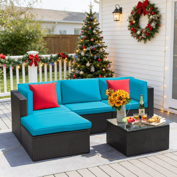 Devoko 5 Pieces Patio Sectional Set Outdoor Rattan Sofa with Glass Table, Blue