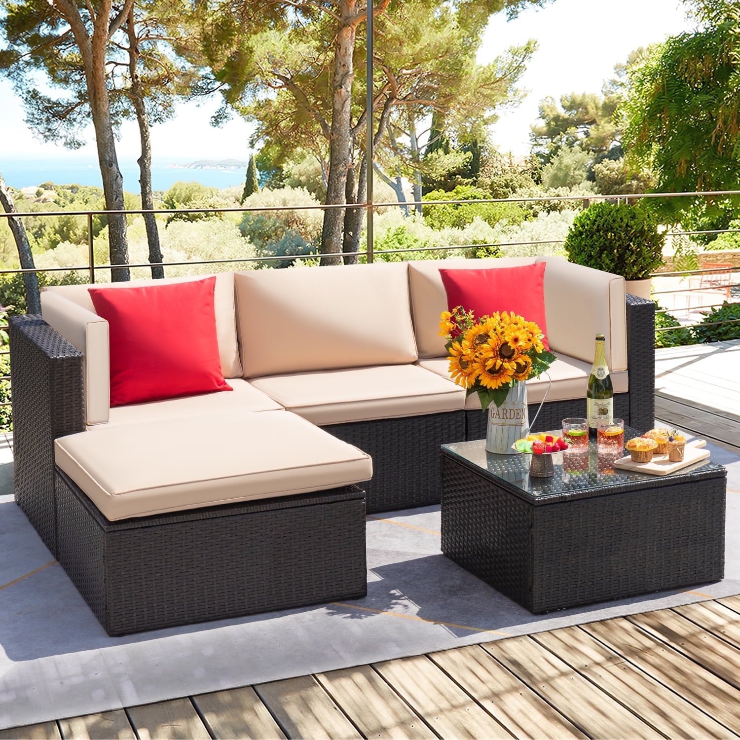 Walmart discount codes: Devoko Patio Sectional Sofa Set, Beige Cushions, 5 Pieces Outdoor Wicker Furniture with Glass Table