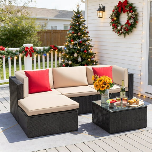 Devoko 5 Pieces Patio Sectional Set Outdoor Wicker Rattan Conversation Sofa, Beige
