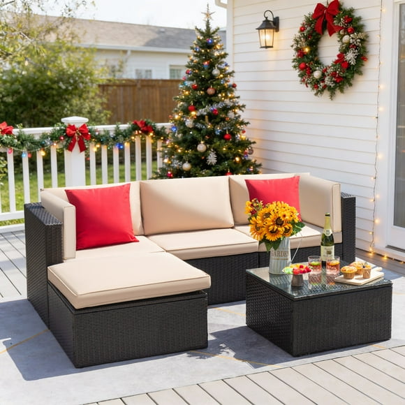 Devoko 5 Pieces Patio Sectional Set Outdoor Wicker Rattan Conversation Sofa, Beige