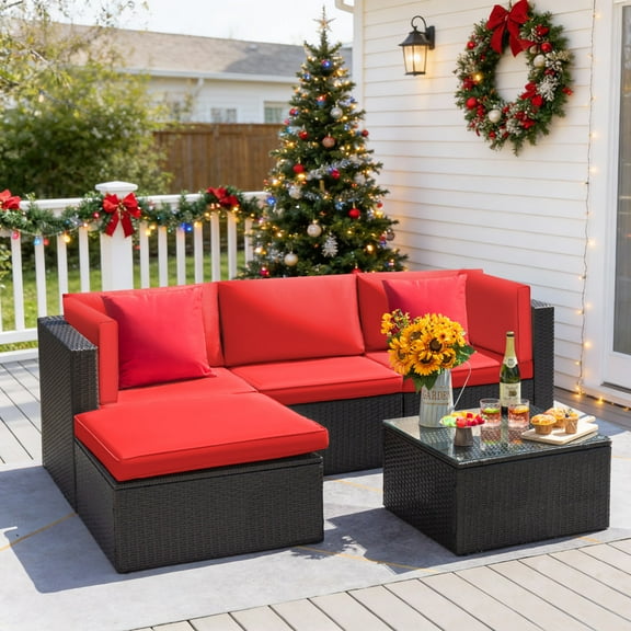 Devoko 5 Pieces Patio Sectional Set Outdoor Wicker Rattan Sofa with Cushion and Glass Table, Red