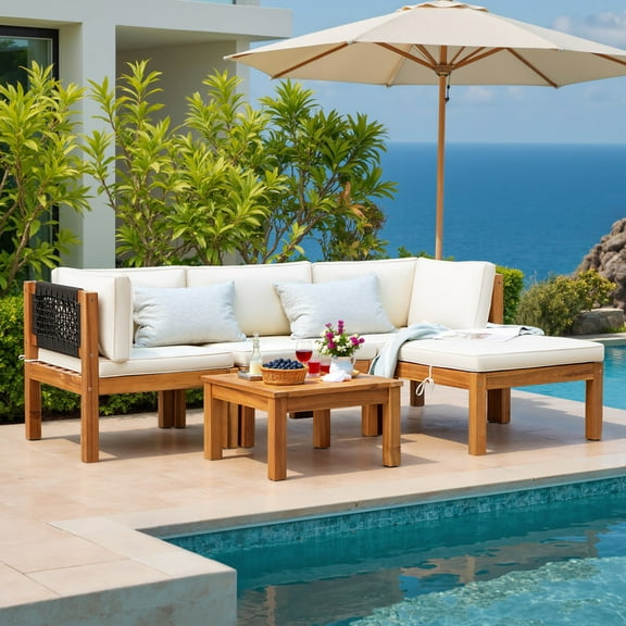 Devoko 5 pieces Patio Acacia Wood Sectional Sofa with Cushions，Outdoor Furniture Set for Porch, Yard and Balcony