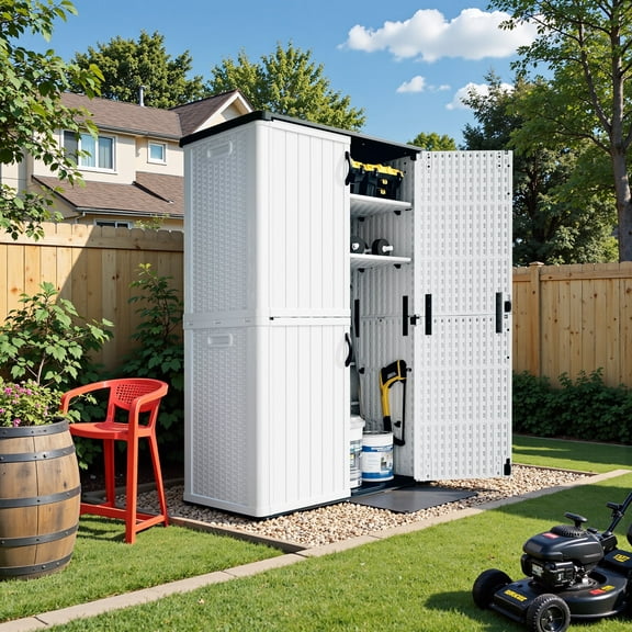 Devoko 50 Cu.ft Heighten Outdoor Storage Shed, All-Weather Resin Storage shed with Lockable Door for Garden Tools, White