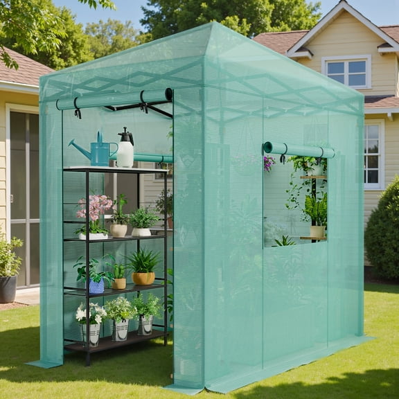Devoko 6*4 Ft Portable Pop-Up Walk-in Greenhouse with Central Lock Windproof PE Cover, Double-Layer Windows, for Garden and Backyard, Green